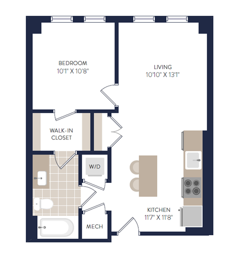 Floor plan for 1 bed, 1 bath, 560 sqft
